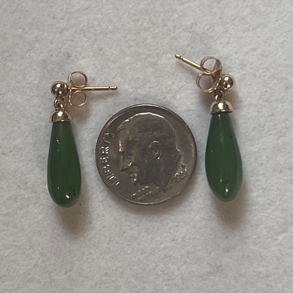 Genuine Green Jade Teardrop Earrings on 14K Gold Post Pierced Ears - Picture 5 of 6